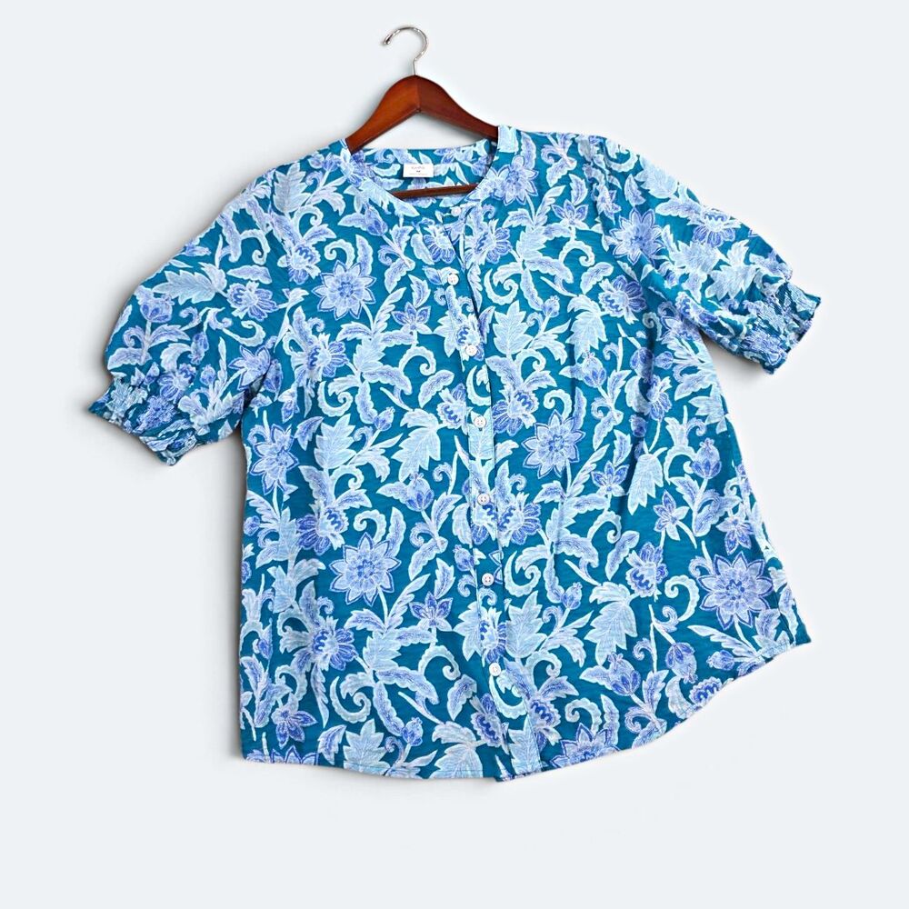 Croft & Barrow Floral Button Down Blouse Smocked Short Sleeve Teal Blue M